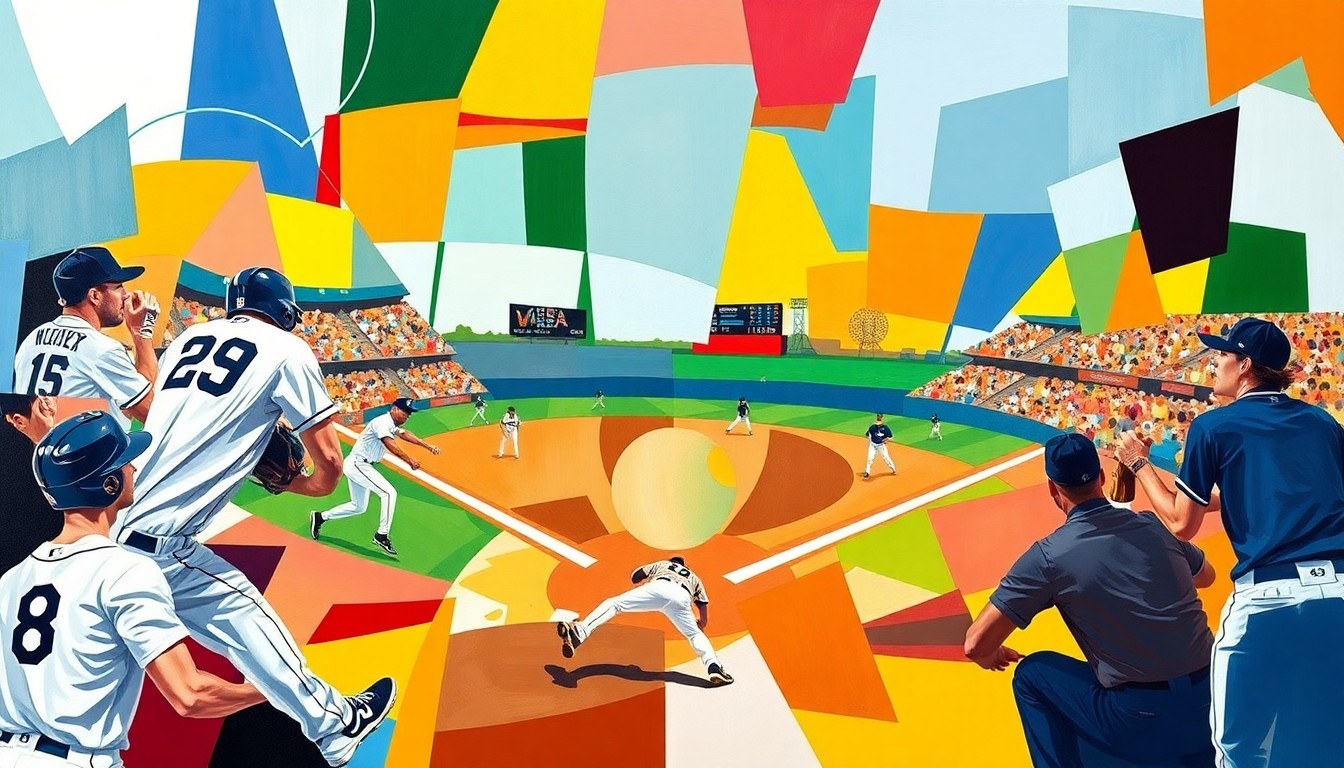A cubist-style painting featuring overlapping geometric shapes in bright colors representing baseball players in action, conveying the White Sox