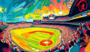 An abstract, expressionist painting in neon colors depicting the dynamic motion and energy of a baseball game, with players and the stadium blending into a colorful, energetic composition.