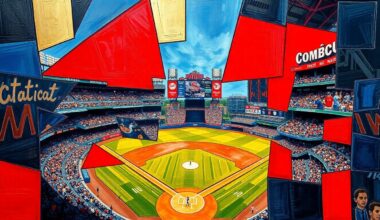 A cubist-style painting featuring sharp, overlapping geometric shapes in red, blue, and gold, conceptually representing the conflicting elements of a baseball game and religious observance.