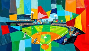 A cubist, geometric painting depicting a baseball game or match, with sharp, overlapping planes of color representing the energy and competition of the sport.