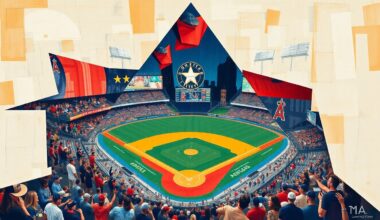 A fragmented, geometric painting depicting a baseball game in motion, with players and the field broken down into sharp, overlapping shapes and planes of color, conveying the energy and intensity of the Astros