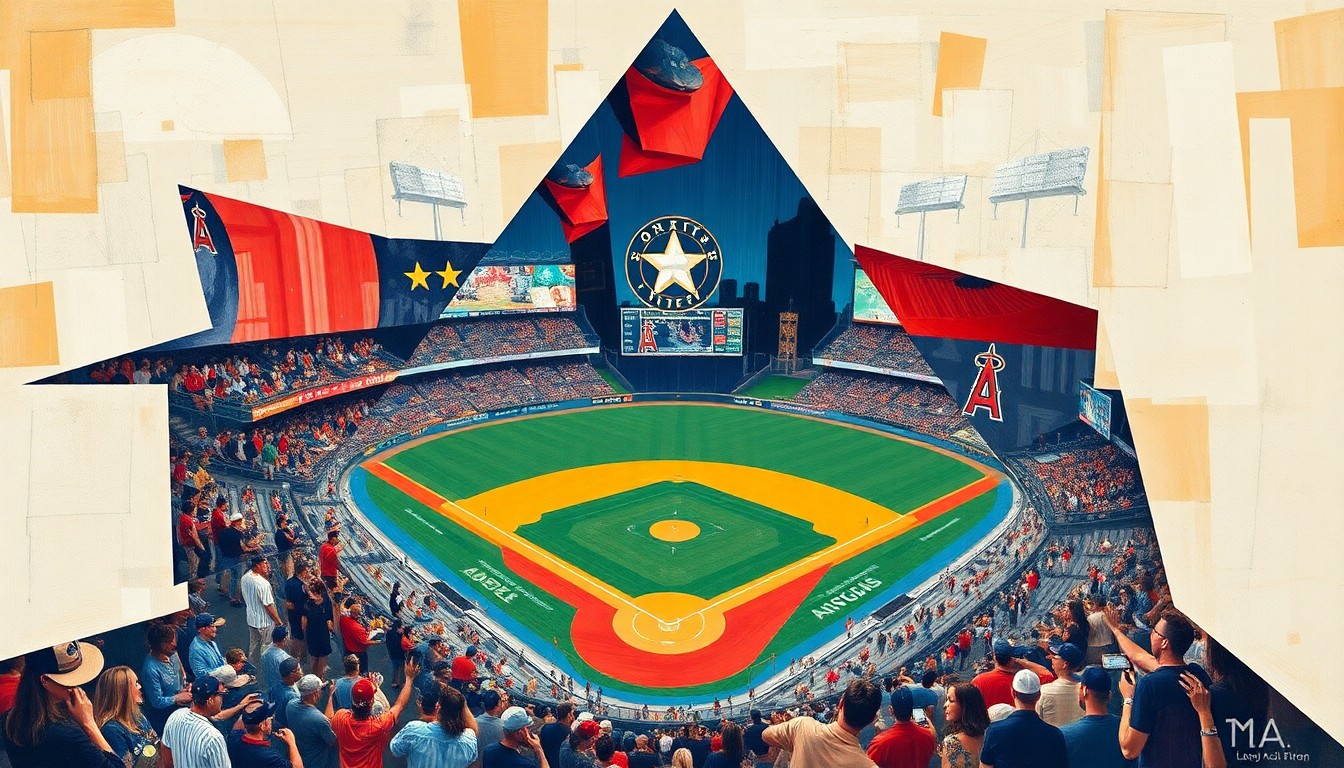 A fragmented, geometric painting depicting a baseball game in motion, with players and the field broken down into sharp, overlapping shapes and planes of color, conveying the energy and intensity of the Astros