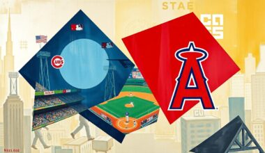 A fragmented, geometric painting depicting a baseball game between the Chicago Cubs and Los Angeles Angels, with players and the field broken down into sharp, overlapping shapes and planes of color.