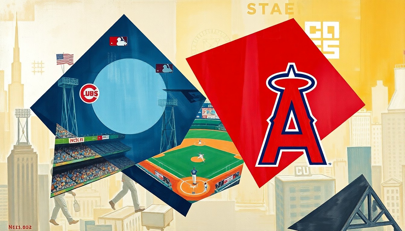 A fragmented, geometric painting depicting a baseball game between the Chicago Cubs and Los Angeles Angels, with players and the field broken down into sharp, overlapping shapes and planes of color.
