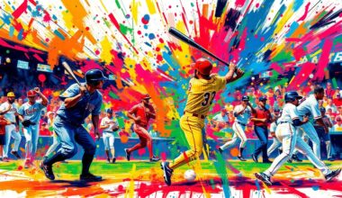 An abstract, energetic painting in neon colors depicting the movement and action of a baseball game, with players