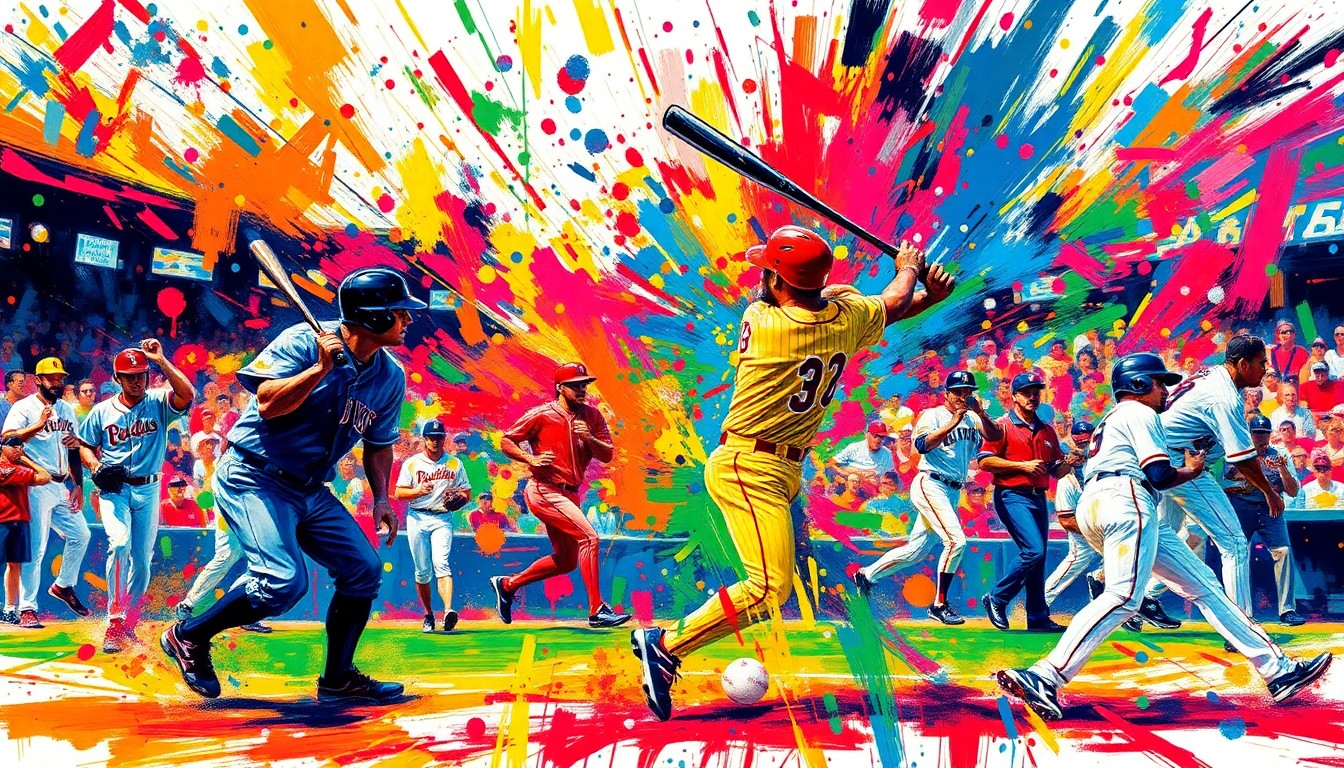 An abstract, energetic painting in neon colors depicting the movement and action of a baseball game, with players