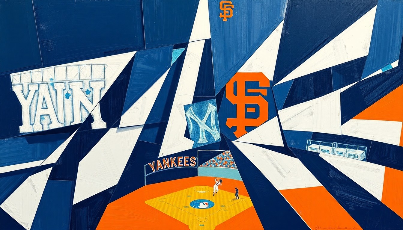 A cubist, geometric painting depicting a baseball game between the New York Yankees and San Francisco Giants, with the players and field broken down into sharp, overlapping planes of navy blue, white, and orange.