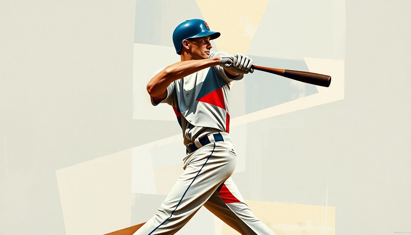 A fragmented, geometric painting depicting a baseball player