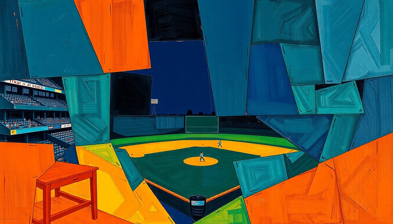 A cubist, geometric illustration depicting a baseball game or match, with the players and field broken down into sharp, overlapping planes of navy blue, burnt orange, and forest green.