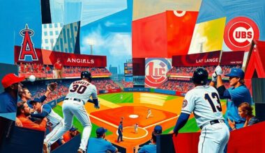 A visually striking, abstract painting featuring overlapping planes of red, blue, and other vibrant colors, conceptually representing the competitive clash between the Los Angeles Angels and Chicago Cubs baseball teams.