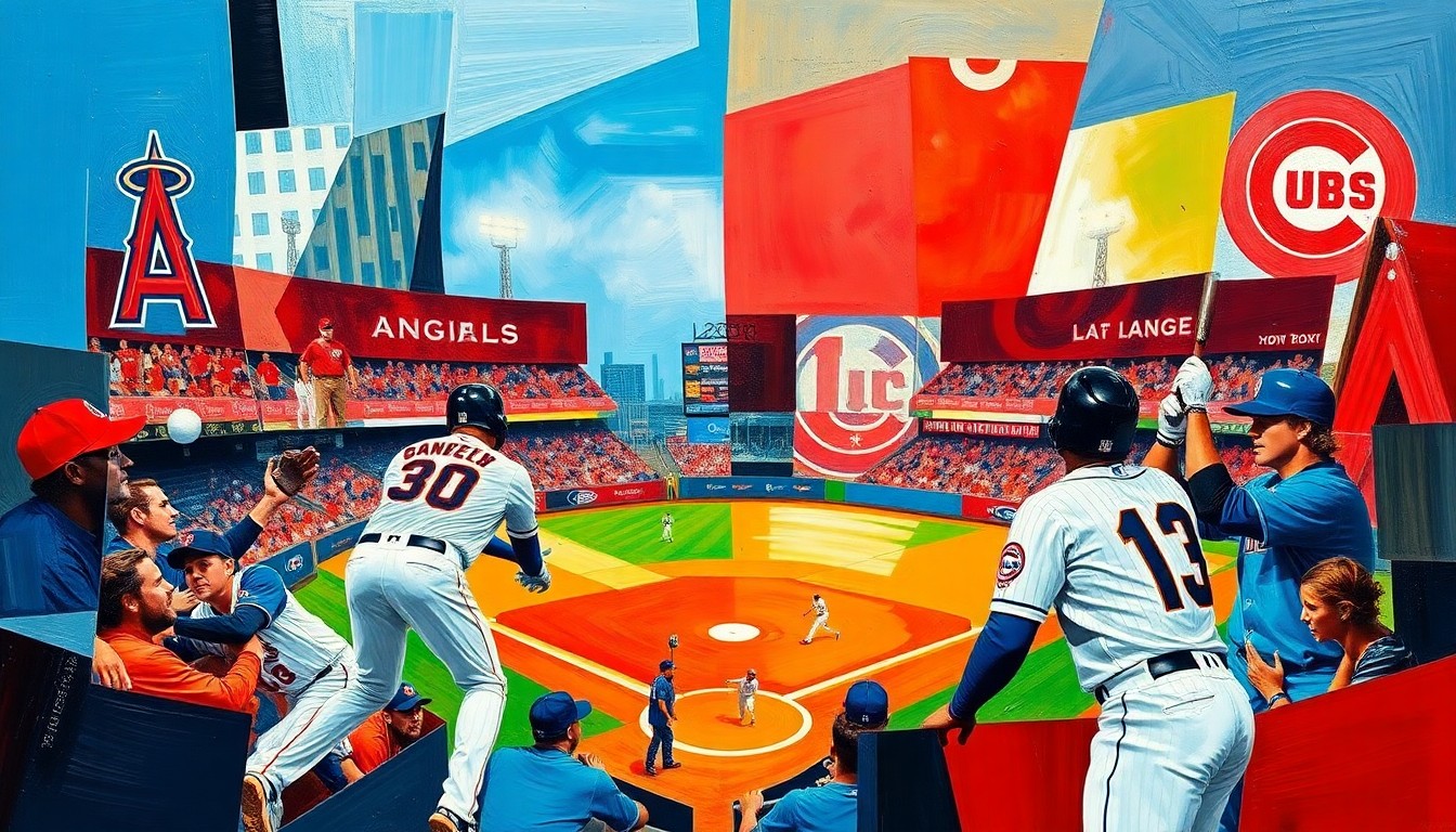 A visually striking, abstract painting featuring overlapping planes of red, blue, and other vibrant colors, conceptually representing the competitive clash between the Los Angeles Angels and Chicago Cubs baseball teams.