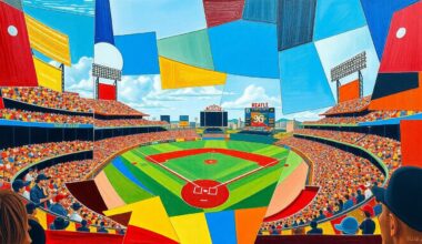 A cubist, geometric painting depicting a baseball game in motion, with overlapping shapes and planes of color representing the dynamic action on the field.
