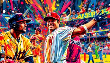 An abstract, energetic painting in neon colors, capturing the raw emotion and passion of a baseball game through expressive brushstrokes and dissolving figures.
