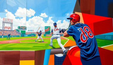 A cubist-style painting depicting a baseball player, likely a first baseman, broken down into sharp, overlapping geometric shapes and planes in the Cubs
