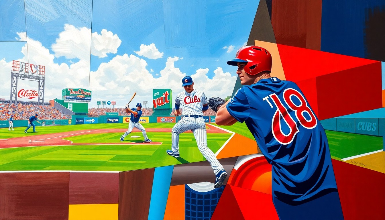 A cubist-style painting depicting a baseball player, likely a first baseman, broken down into sharp, overlapping geometric shapes and planes in the Cubs