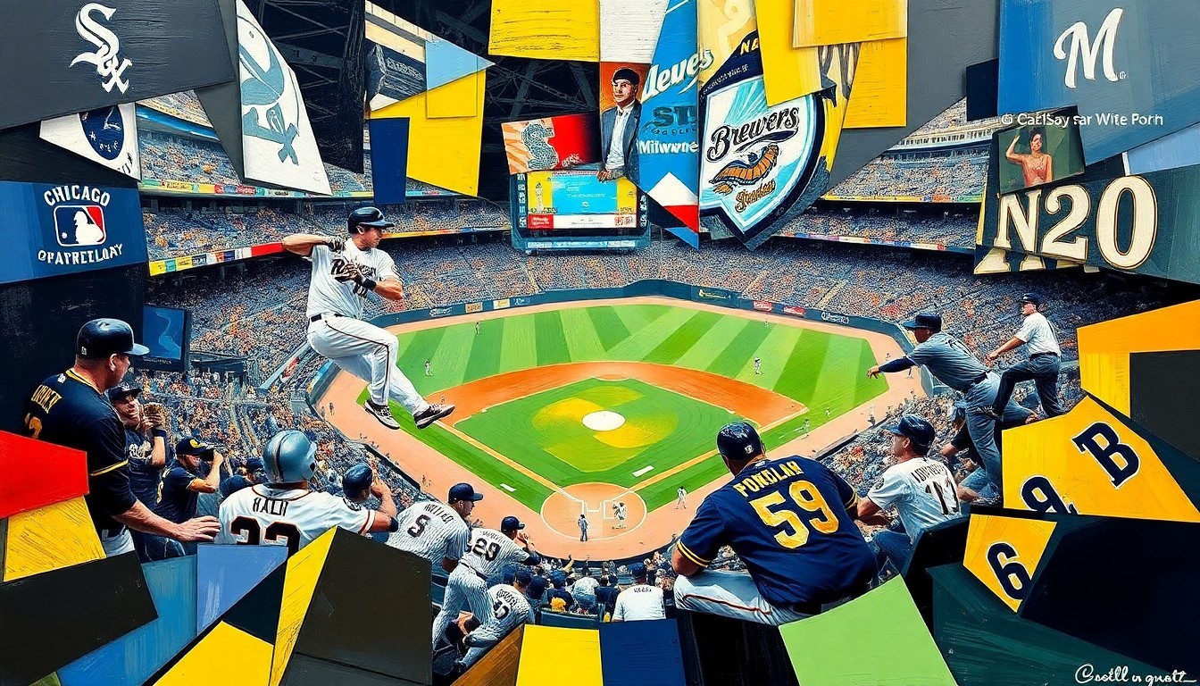 A fractured, geometric painting depicting a baseball game between the Chicago White Sox and Milwaukee Brewers, with the players and field broken down into sharp, overlapping planes of color.