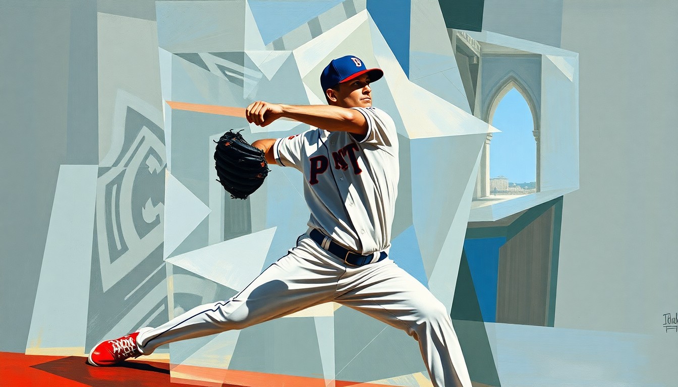 A fragmented, multi-angled painting depicting the various movements and planes of a pitcher