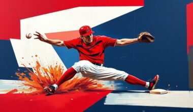 A cubist-style painting depicting a baseball player sliding into second base, with the player