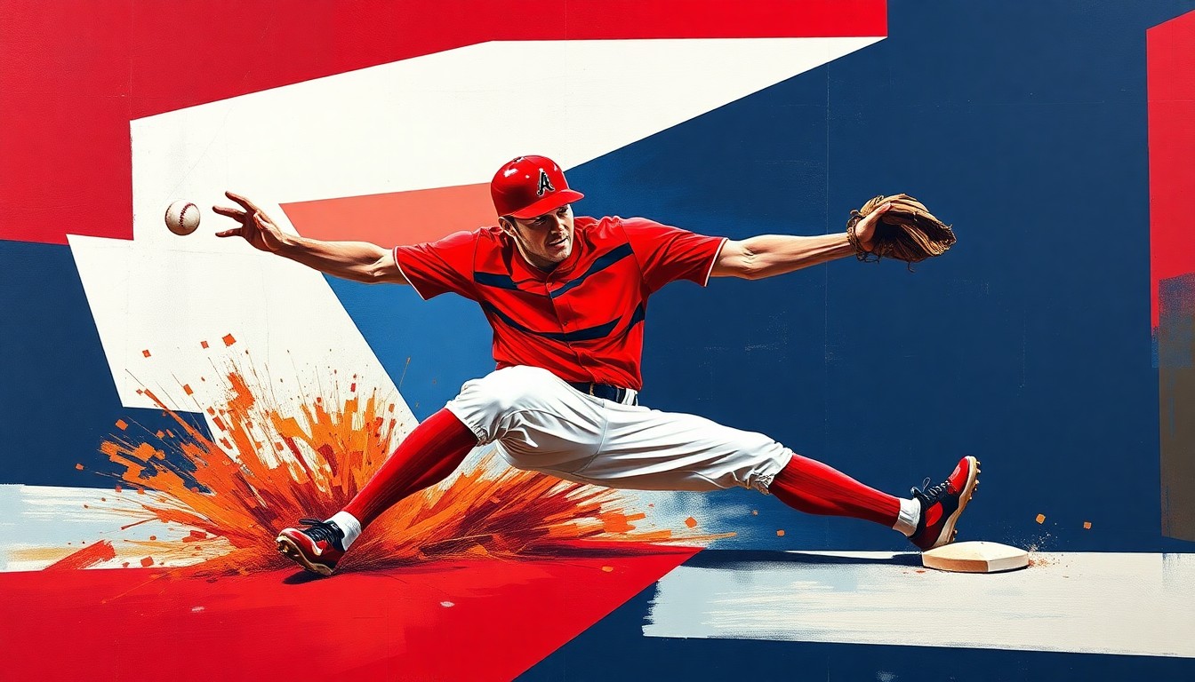 A cubist-style painting depicting a baseball player sliding into second base, with the player