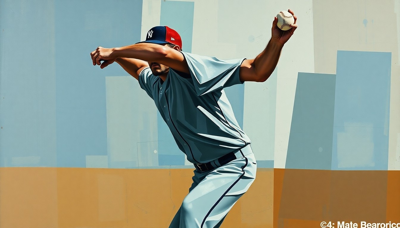 A fragmented, geometric painting depicting a baseball pitcher