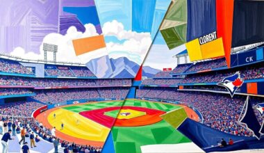 A cubist, geometric painting depicting a baseball game in progress, with the players and field broken down into overlapping, angular shapes in the Rockies