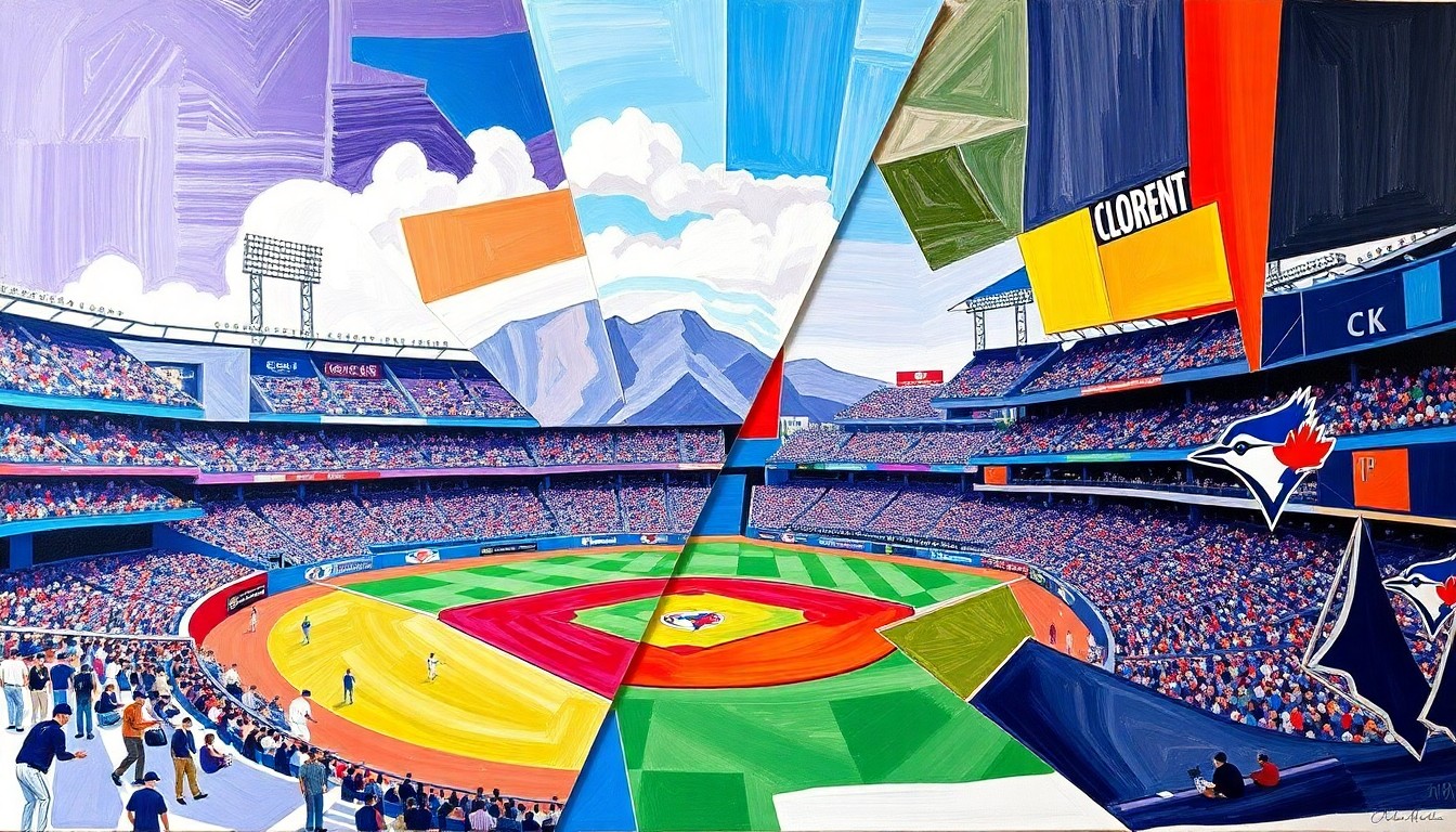 A cubist, geometric painting depicting a baseball game in progress, with the players and field broken down into overlapping, angular shapes in the Rockies
