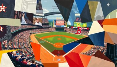 A cubist, geometric painting depicting various baseball actions and players from an Astros-Red Sox game, with overlapping shapes and planes in vibrant colors representing the dynamic energy of the game.