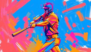 An abstract, energetic painting in a vibrant neon expressionist style, capturing the raw power and motion of a baseball player swinging a bat and connecting with the ball. The player