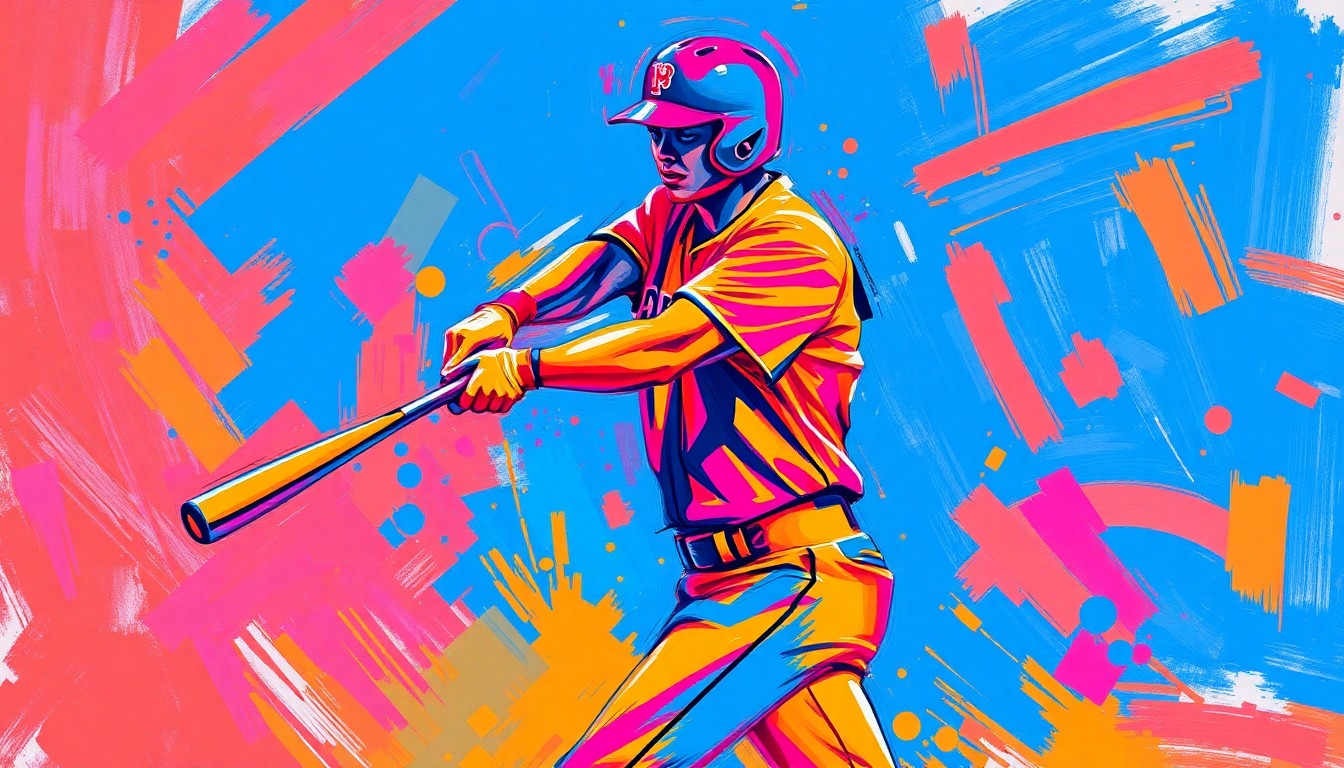 An abstract, energetic painting in a vibrant neon expressionist style, capturing the raw power and motion of a baseball player swinging a bat and connecting with the ball. The player