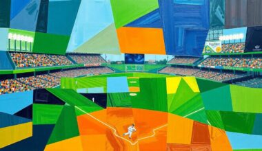 A vibrant, fractured painting in the style of Pablo Picasso, depicting a baseball game broken down into sharp, overlapping geometric shapes and planes of color, capturing the energy and movement of the sport.