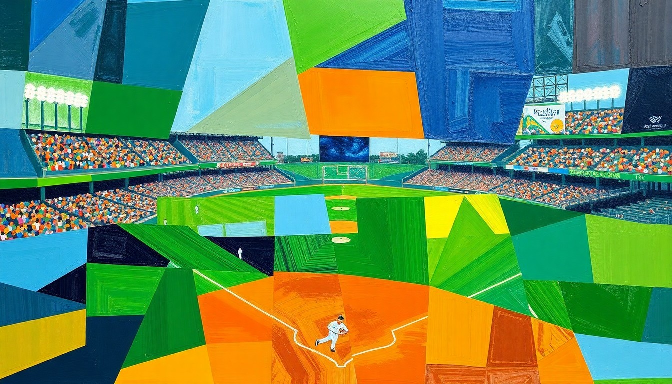 A vibrant, fractured painting in the style of Pablo Picasso, depicting a baseball game broken down into sharp, overlapping geometric shapes and planes of color, capturing the energy and movement of the sport.
