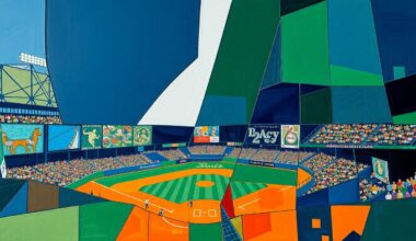 A cubist-style painting featuring sharp, overlapping geometric shapes in navy blue, forest green, and burnt orange, representing the fragmented action of a baseball game.