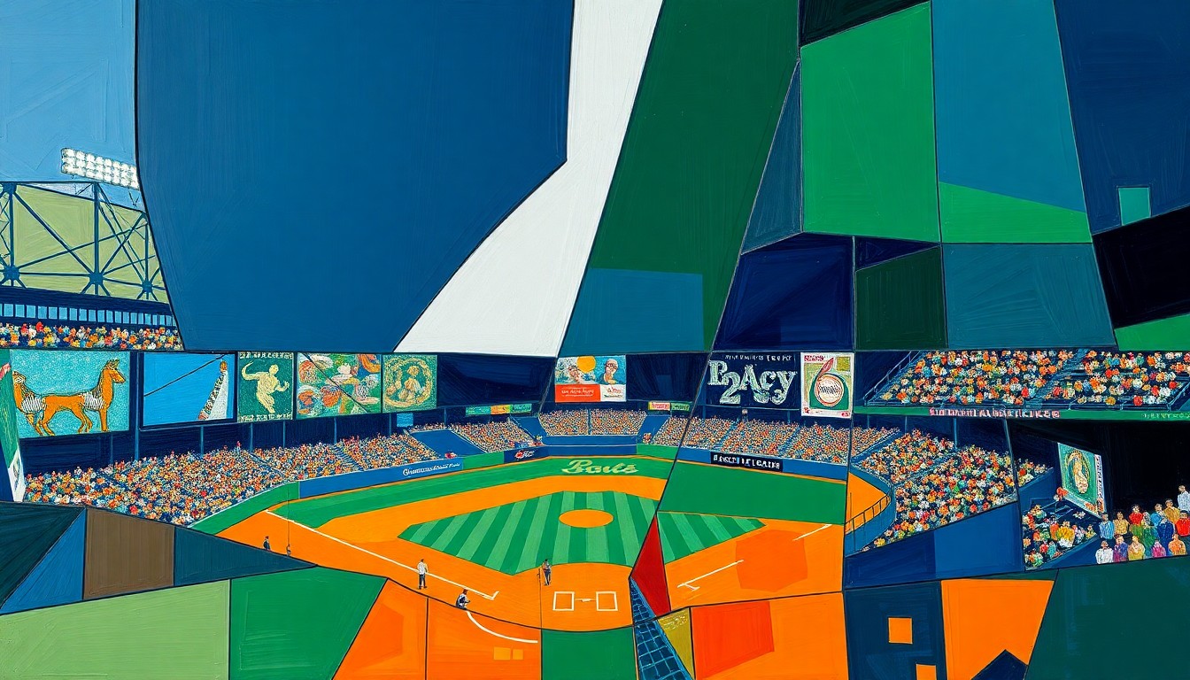 A cubist-style painting featuring sharp, overlapping geometric shapes in navy blue, forest green, and burnt orange, representing the fragmented action of a baseball game.