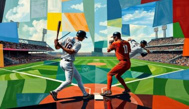 A cubist, geometric painting depicting a baseball game or match, with the players