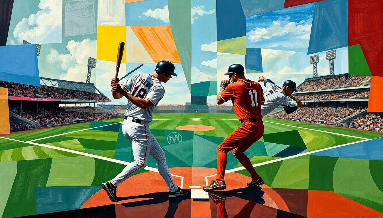 A cubist, geometric painting depicting a baseball game or match, with the players