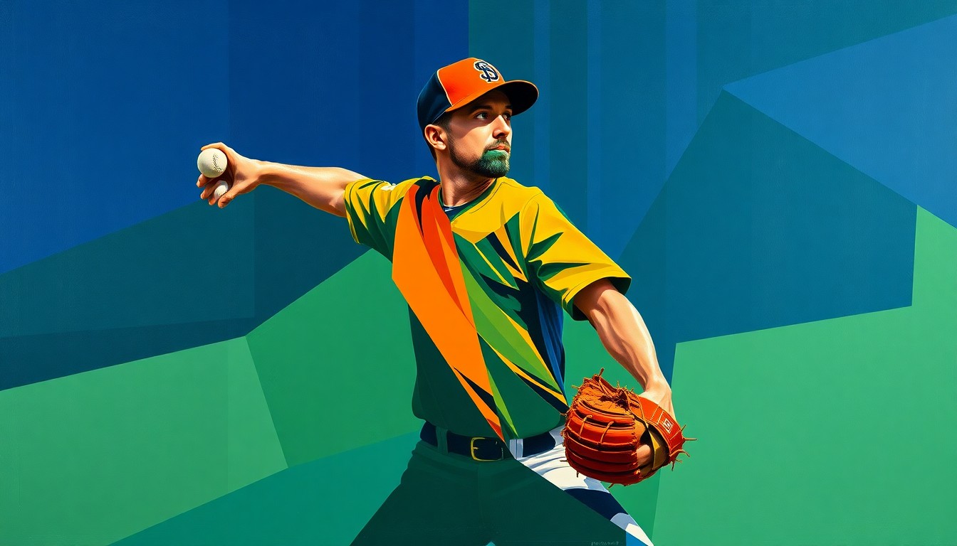 A cubist, geometric painting depicting a baseball pitcher