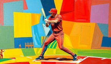 A cubist, geometric painting depicting a baseball player batting, with sharp, overlapping planes of color creating a dynamic, fragmented visual representation of the action.