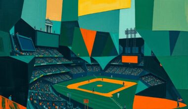 A cubist-style painting featuring overlapping geometric shapes in navy, green, and orange, conceptually representing the strategic complexity of a baseball game.