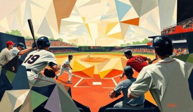 A fractured, multi-perspective painting in bold, geometric shapes and vibrant colors, conceptually representing the competitive energy and player development focus of a high school baseball team.