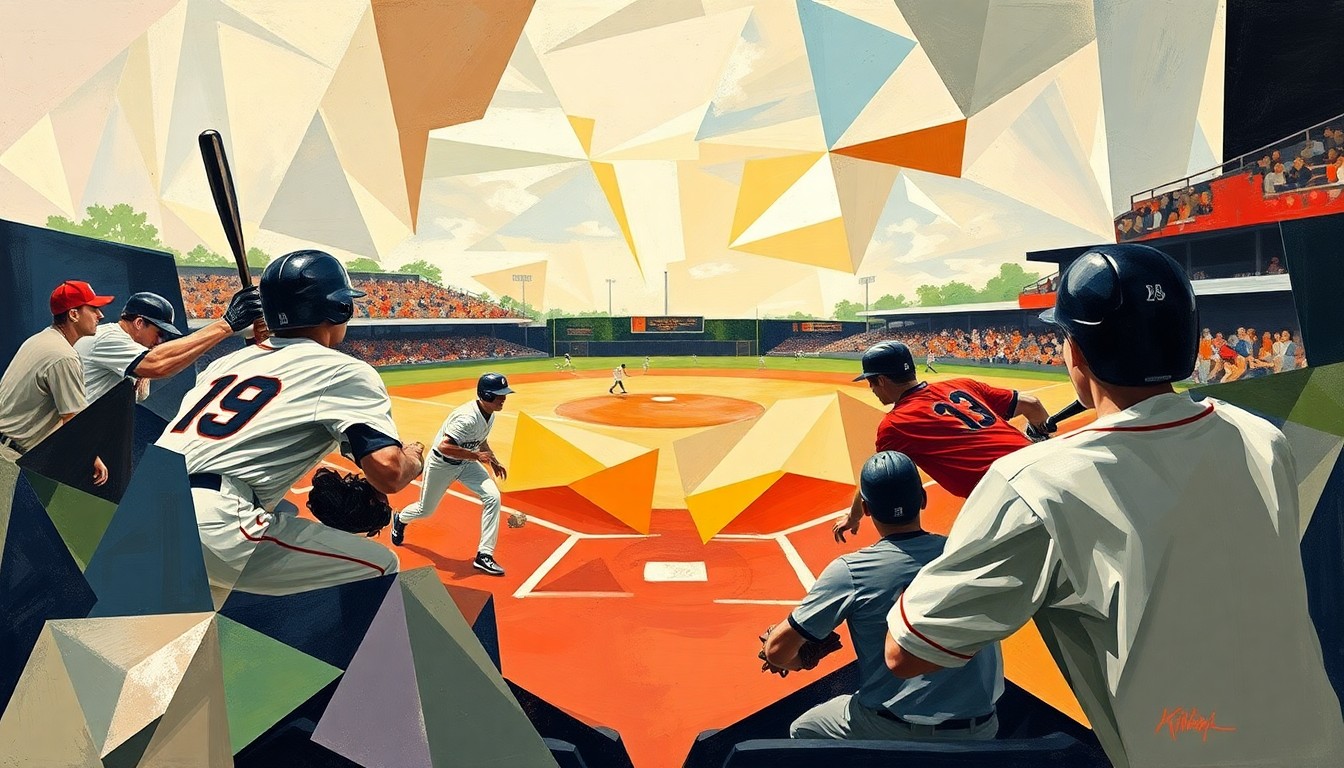 A fractured, multi-perspective painting in bold, geometric shapes and vibrant colors, conceptually representing the competitive energy and player development focus of a high school baseball team.