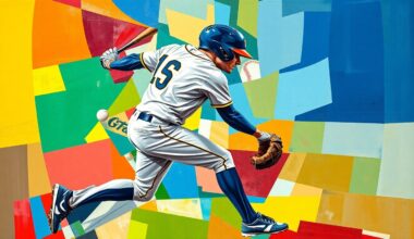A fragmented, geometric painting depicting the dynamic motion of a baseball player, with sharp planes of color representing the uniforms of the Brewers and Giants teams.