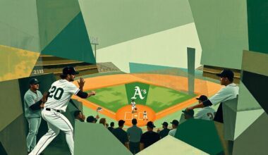 A fractured, multi-perspective painting featuring overlapping geometric shapes in muted tones, conceptually representing the Oakland Athletics