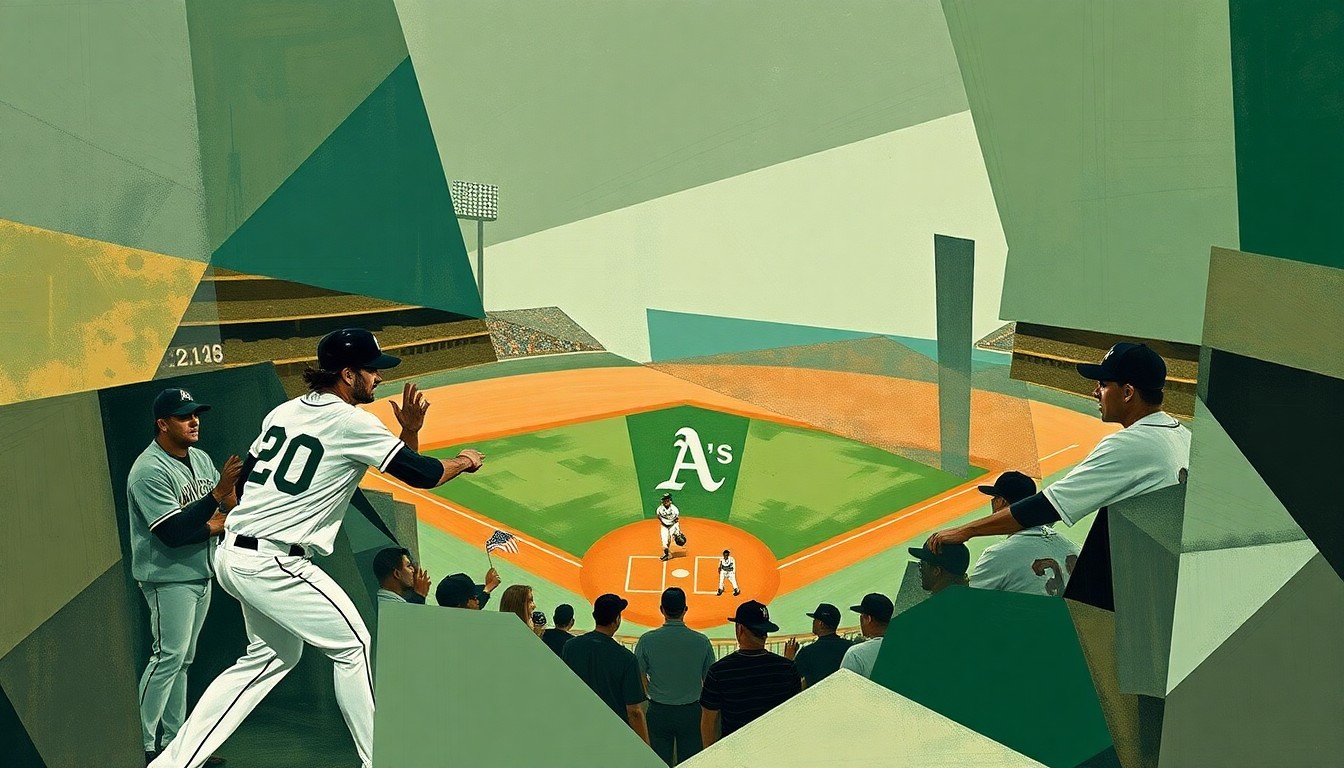 A fractured, multi-perspective painting featuring overlapping geometric shapes in muted tones, conceptually representing the Oakland Athletics