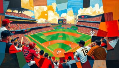 A fractured, geometric painting in vibrant red, black, and yellow hues, depicting the dynamic movements and energy of a baseball game through Picasso