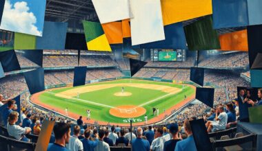 A cubist, geometric painting depicting a fragmented baseball game or match, with sharp, overlapping shapes and planes representing the Angels