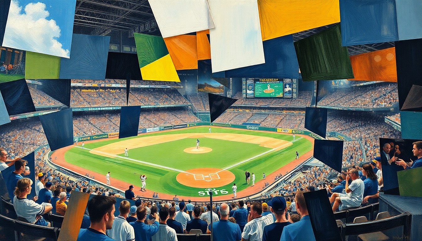 A cubist, geometric painting depicting a fragmented baseball game or match, with sharp, overlapping shapes and planes representing the Angels