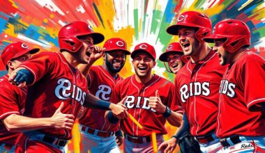 An abstract, energetic painting featuring bold, neon-colored brushstrokes that capture the excitement and enthusiasm of Reds players reacting to their new City Connect uniforms.