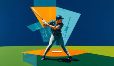 A fragmented, geometric painting depicting a baseball player