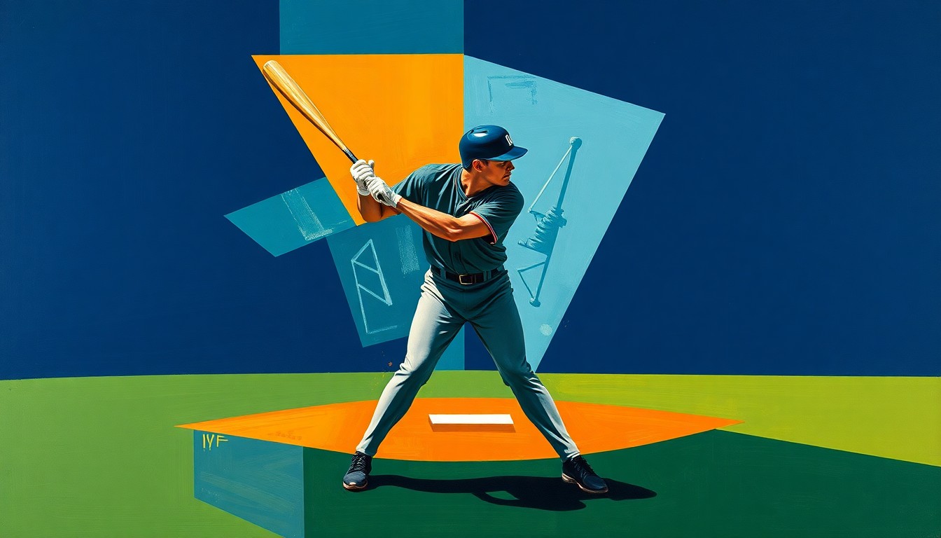 A fragmented, geometric painting depicting a baseball player