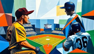 A fractured, multi-perspective painting featuring angular shapes and planes of vibrant colors, representing the action and intensity of a baseball game between the San Francisco Giants and San Diego Padres.